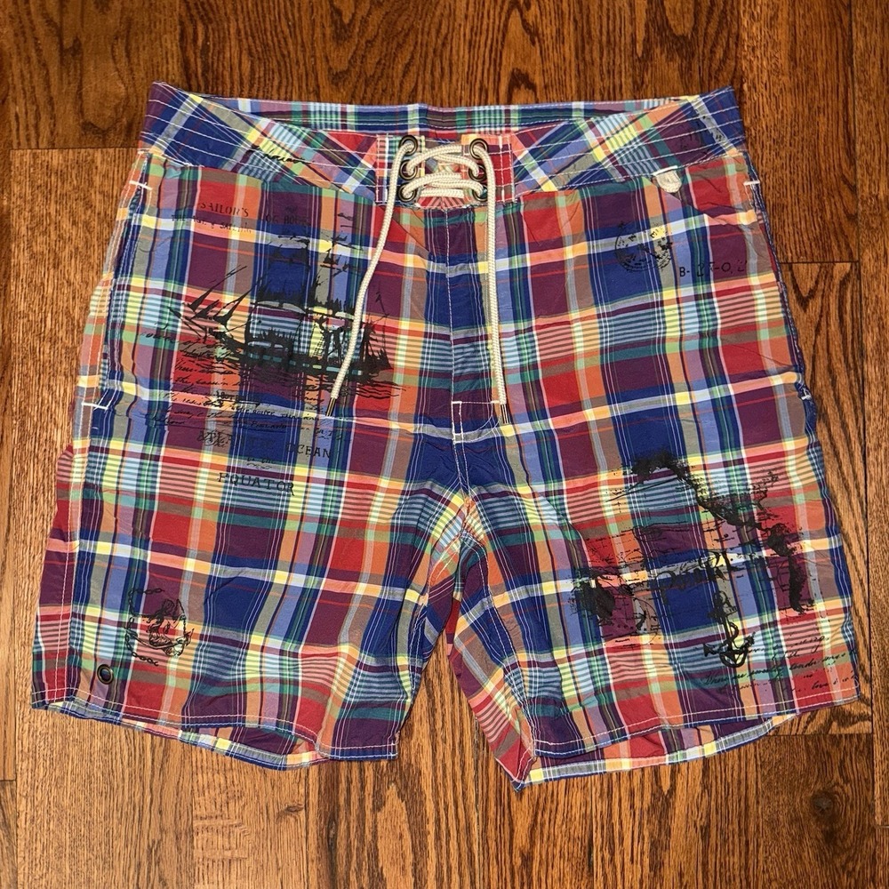 Polo Ralph Lauren Board Shorts US Navy Ships Sailors Men 32 Plaid Lined Nautical - Picture 2 of 6